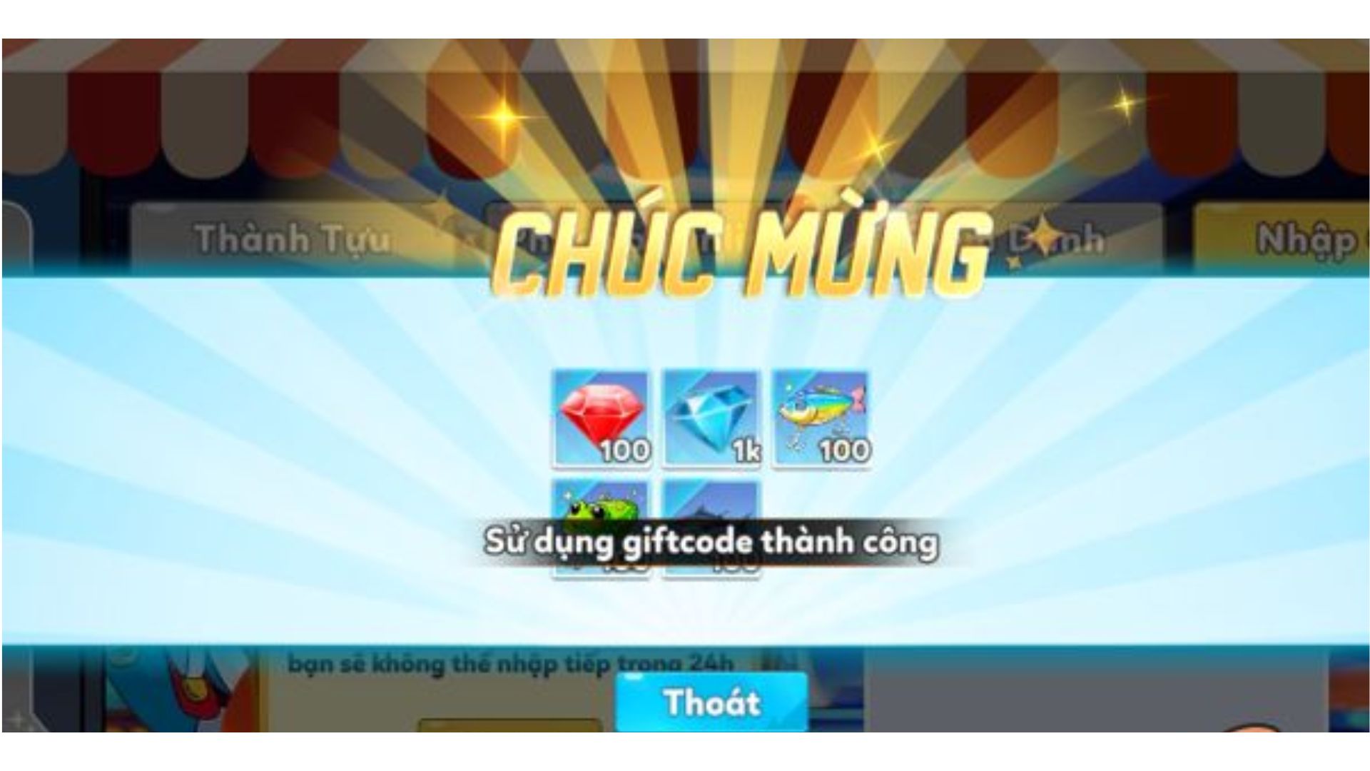 Màn hình sẽ hiện thông báo Chúc Mừng nhận thưởng
