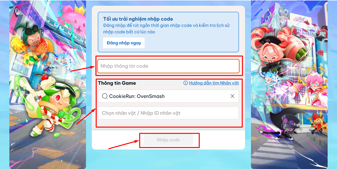 Hãy nhập code CookieRun: Bánh Quy Đại Chiến, nhấn Nhập code để tiếp tục quá trình