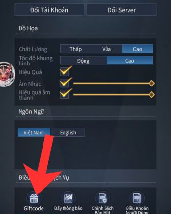 Hãy nhấn vào mục Giftcode (biểu tượng hộp quà)