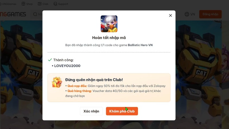 Màn hình hiển thị dòng thông báo "Hoàn tất nhập code"