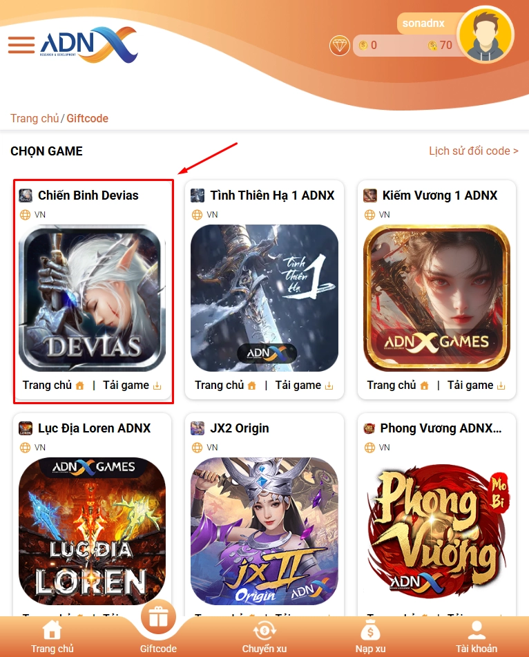 Chọn vào tựa game Chiến Binh Devias