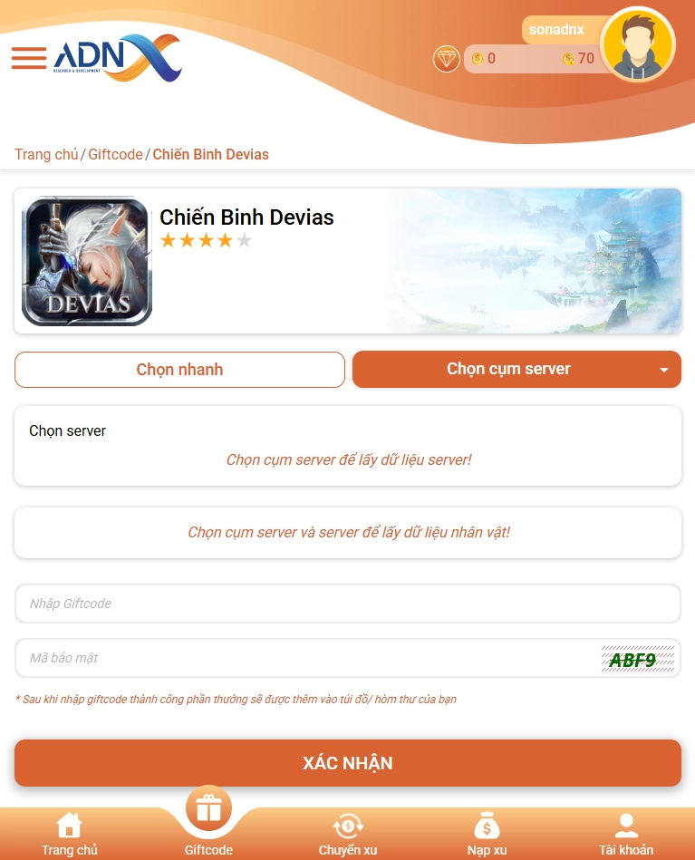 Nhập chính xác mã code Chiến Binh Devias vào ô và nhấn "Xác nhận"