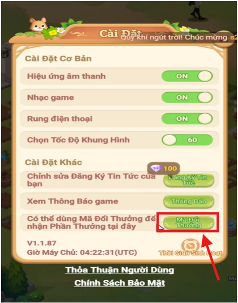Chọn vào mục Mã Đổi Thưởng