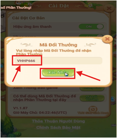 Nhập code Vườn Hoa Hạnh Phúc vào ô trống và nhấn Xác Nhận