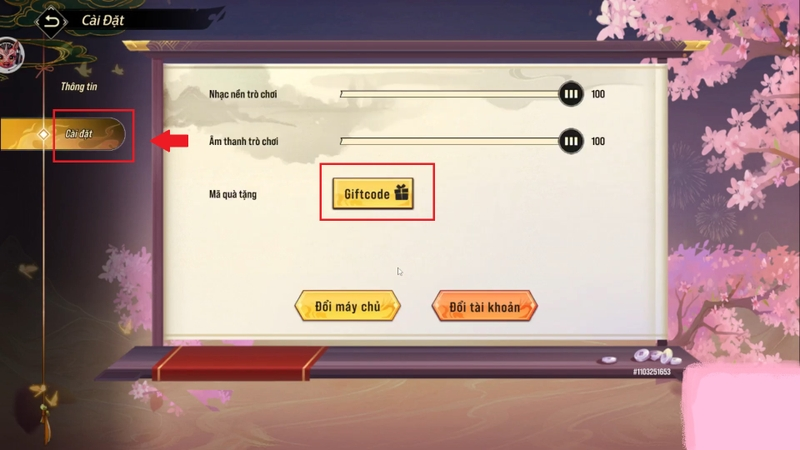 Chọn mục Cài đặt, chọn tiếp vào mục Giftcode