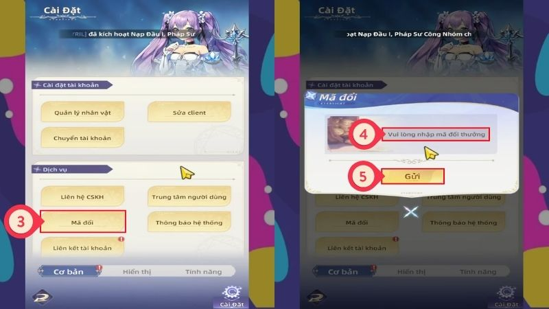 Chọn vào mục Mã đổi, hãy nhập code Ever Night: Thức Tỉnh vào ô trống và nhấn Đổi