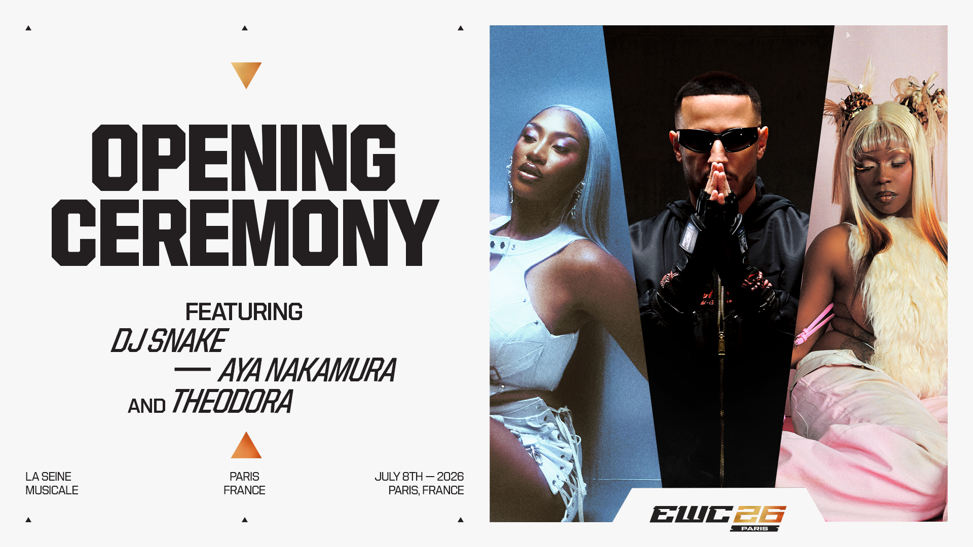 Ba nghệ sĩ hàng đầu DJ Snake, Aya Nakamura và Theodora sẽ mở màn lễ khai mạc Esports World Cup 2026