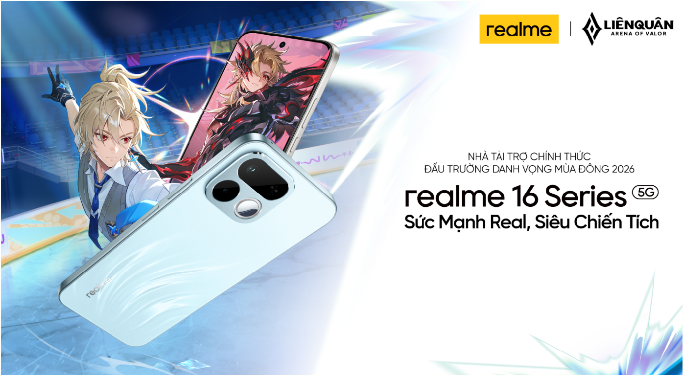 realme - Nhà tài trợ thiết bị thi đấu chính thức tại ĐTDV 2026 19 realme là Nhà Tài trợ Chính thức của Đấu Trường Danh Vọng Mùa Đông 2026 với thông điệp “realme - Sức Mạnh Real, Siêu Chiến Tích”