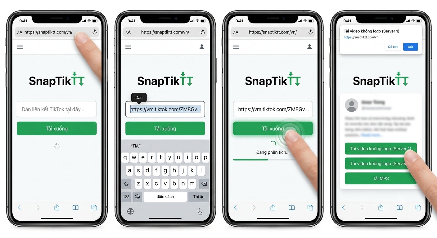 Truy cập SnapTikTT, dán link video TikTok vào ô nhập liệu, nhấn Download rồi chọn server để tải video về máy.