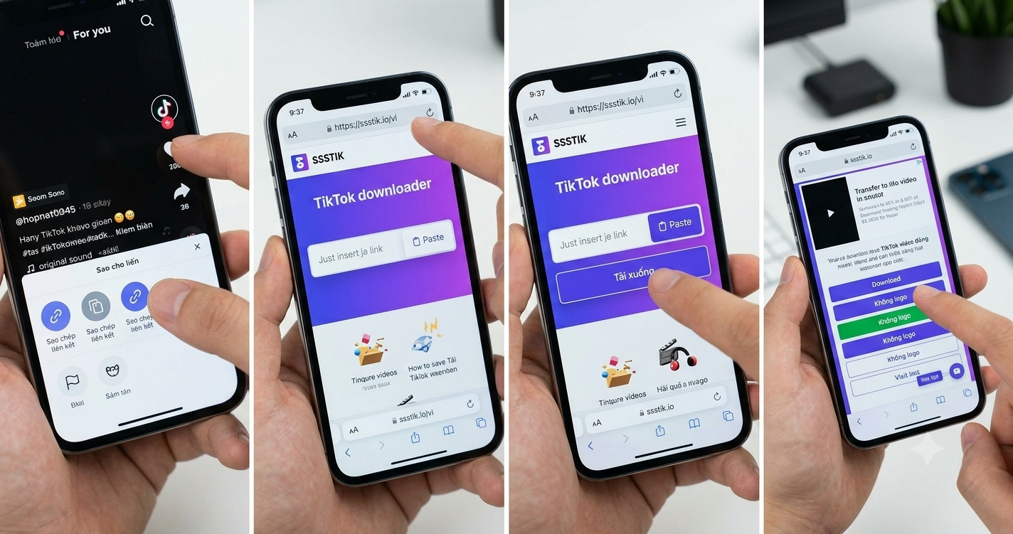 Sao chép liên kết video TikTok, truy cập snaptik.app, dán link và nhấn Download để tải video về máy.