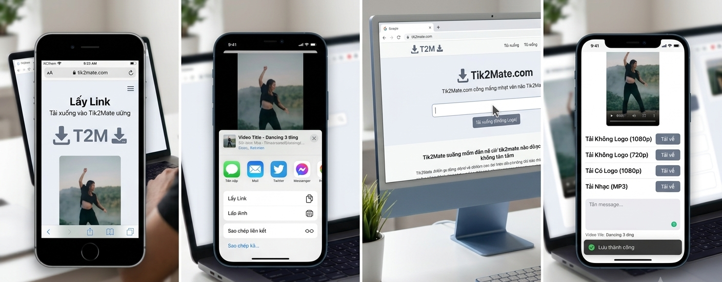 Truy cập Tik2Mate, dán link video TikTok, nhấn Get Video rồi chọn No Watermark và bấm Download để lưu về thiết bị