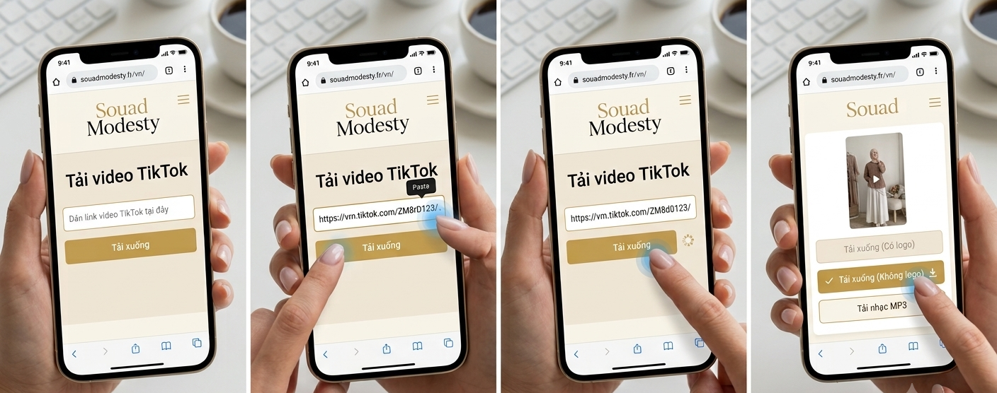 Truy cập SouadModesty, dán link video TikTok vào ô nhập liệu, nhấn Tải xuống rồi chọn bản Không logo để lưu về thiết bị.
