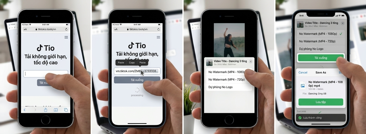 Truy cập TikTokIO Tools, dán link video TikTok vào ô nhập liệu, nhấn Download rồi chọn bản Không logo để tải xuống.