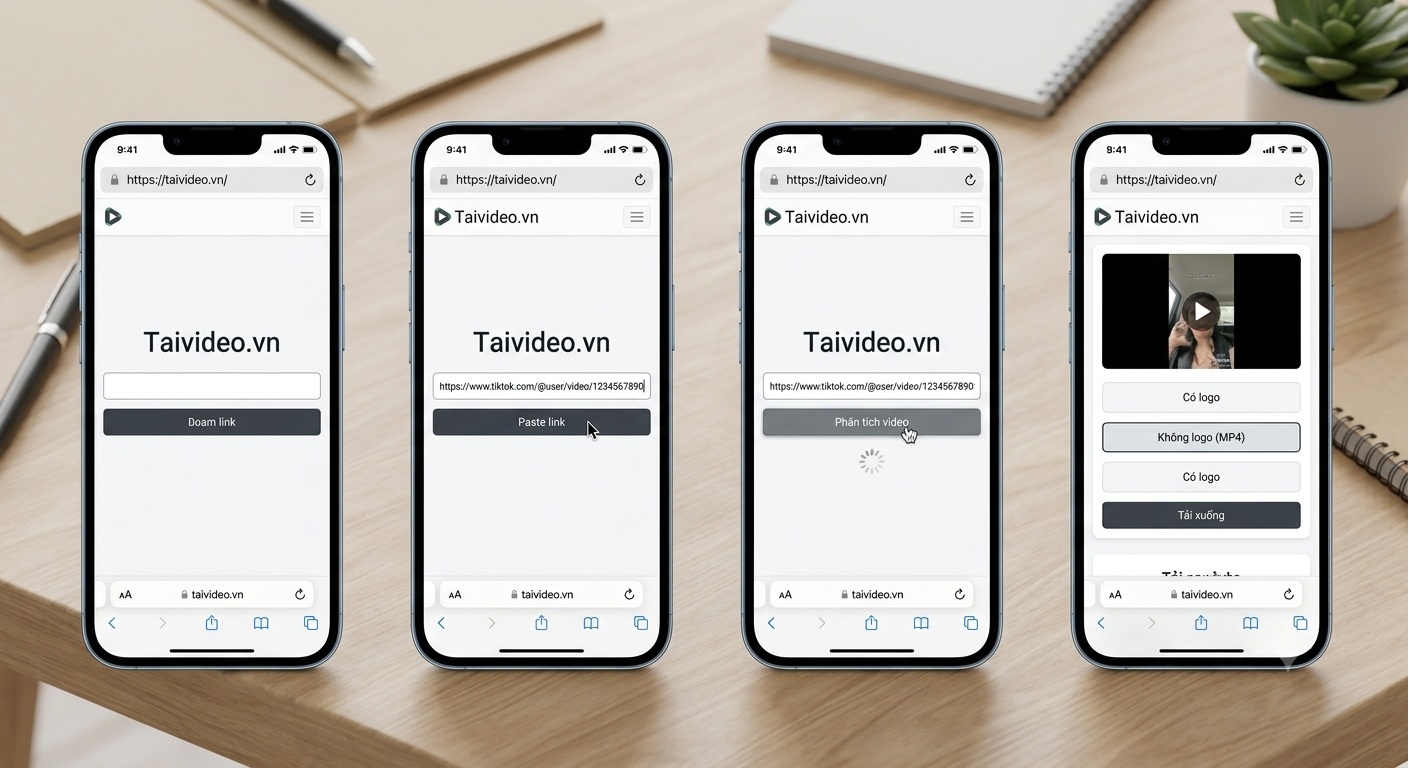 Truy cập Taivideo.vn, dán link video TikTok, nhấn Phân tích video rồi chọn bản Không logo và bấm Tải xuống.
