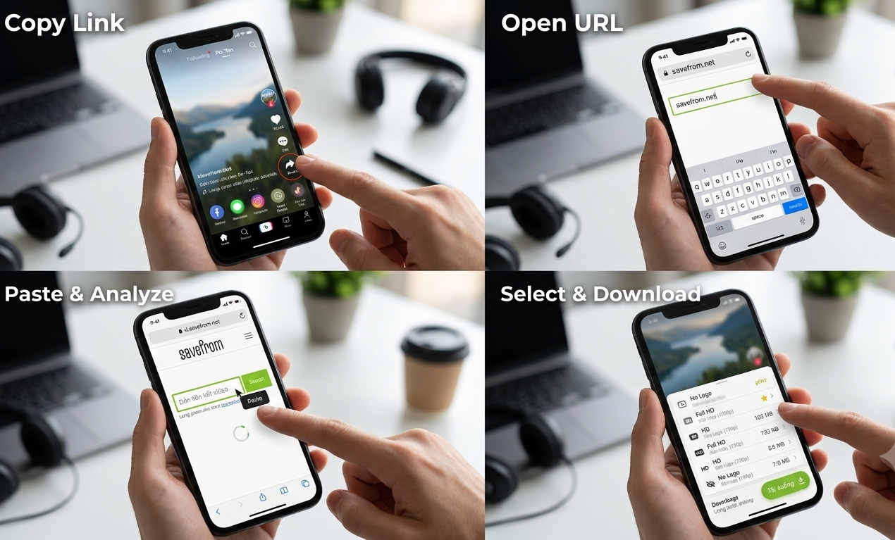Truy cập SaveFrom, dán link video TikTok vào ô nhập liệu, chờ phân tích rồi chọn độ phân giải và nhấn Download.