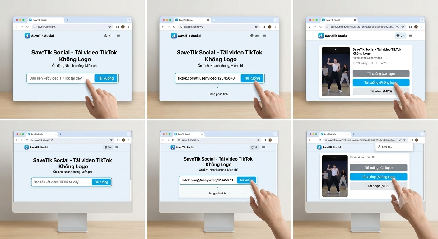 Truy cập SaveTik Social, dán link video TikTok, nhấn Download rồi chọn bản Không logo để tải về máy.