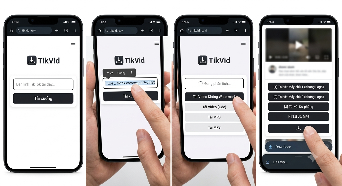 Truy cập TikVid.io, dán link video TikTok, chọn No Watermark rồi nhấn Tải xuống để lưu file về máy.